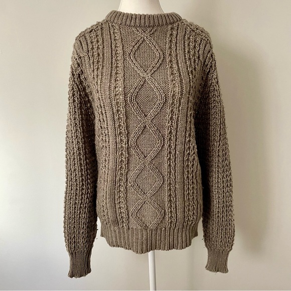 Vintage Sweaters - Vintage Arctic Ice Cable Knit Fisherman Wool Blend Sweater Beige Grey Size Small